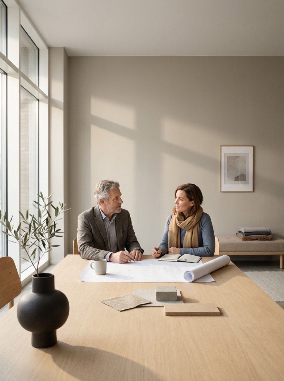 Two people planning a move at a table